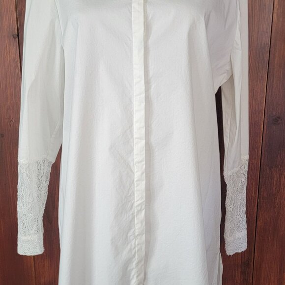 Black Label by Chico’s White Long Shirt Dress Tunic Top Lace Sleeves Size 2 Lg. - Picture 2 of 16